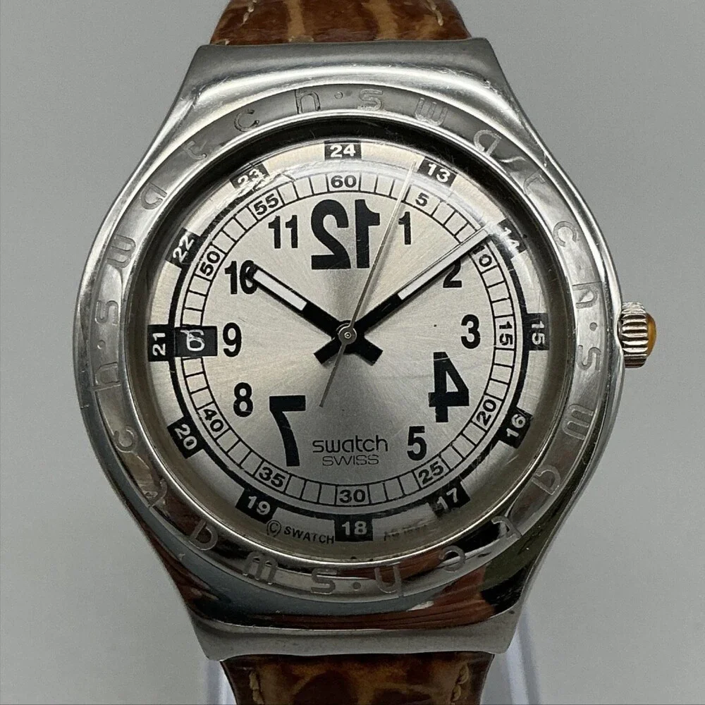 Vintage Swatch Irony Backward Model Mens Watch 37mm Silver Tone New Battery